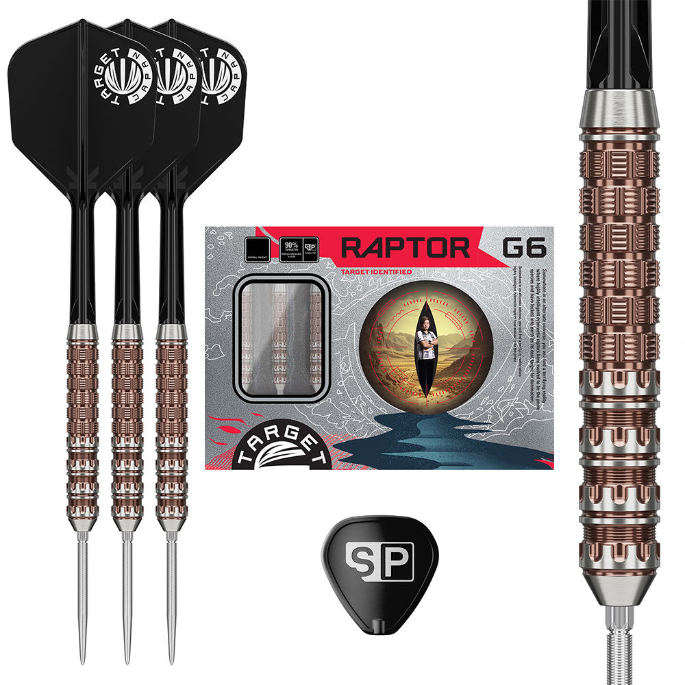 À gauche, trois fléchettes en acier Target Japan Prime Raptor Gen6 SP avec des ailettes/tiges noires et des corps texturés couleur or rose. À droite, l'emballage avec le logo « Raptor G6 » et l'œil. Le détail montre les zones de prise.