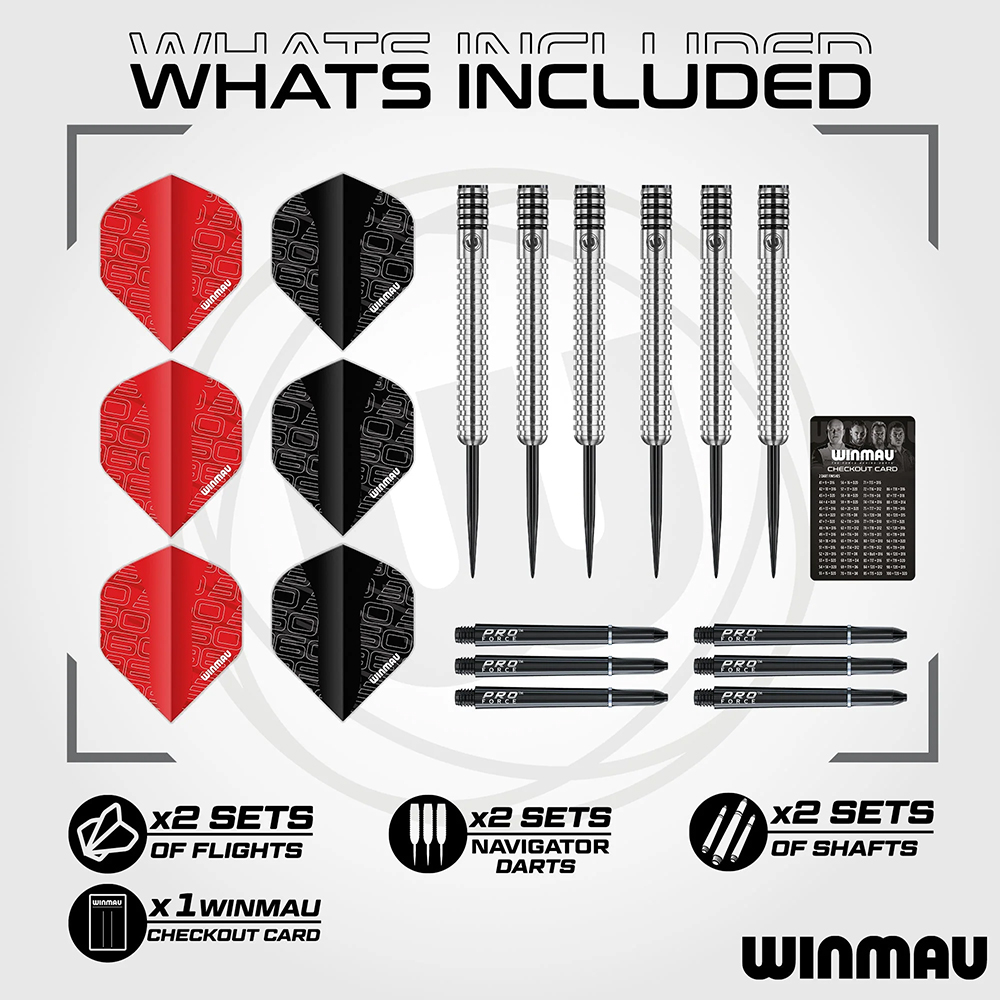 Winmau Accessoires de fléchettes Blade 360 : deux jeux de plumes rouges/noires (3 de chaque) avec le logo 360, 6 fléchettes argentées Winmau Navigator avec pointes, 6 tiges noires Pro Force et une carte de checkout Winmau avec tableau.