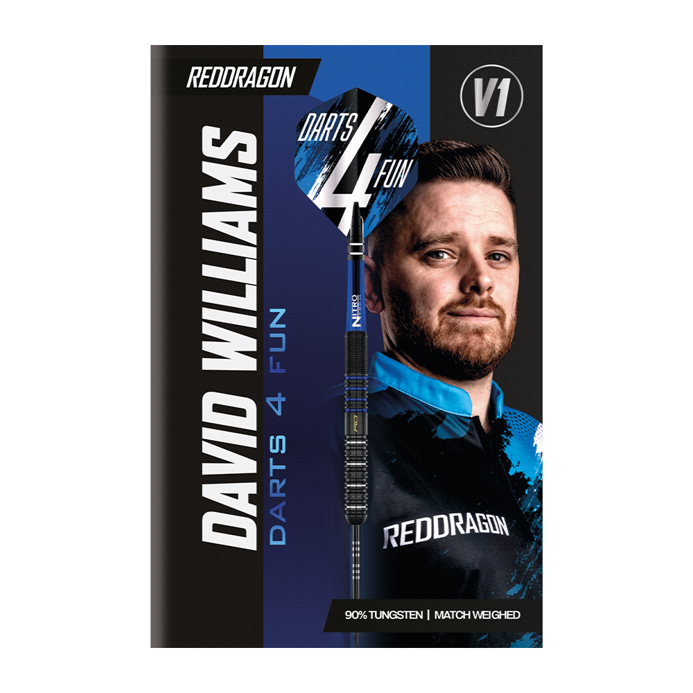 Verpackung des Red Dragon David Williams V1 Steeldart-Sets mit David Williams (kurzer Bart) und einem 23g Steeldart: blauer Schaft, schwarzer Barrel, blaue/silberne Akzente, Darts4Fun Flight. Logos, Infos wie "90% Wolfram".