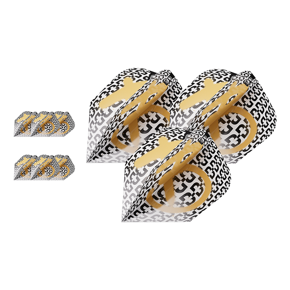 Nine dart flights with an eye-catching design: three larger ones on the right, six smaller ones on the left in two rows. All feature a black-and-white pattern of repeating ‘3’ shapes and a large golden ‘30’ in the centre.