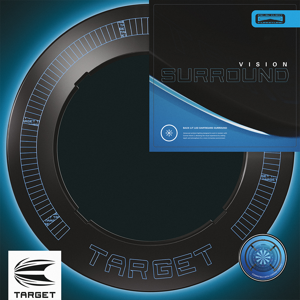 Anneau de protection pour cible de fléchettes gris foncé avec éclairage LED bleu intégré. Avec des lignes lumineuses et l'inscription « Target ». L'anneau de protection cranté intercepte les fléchettes égarées et est optimisé pour les systèmes Target.