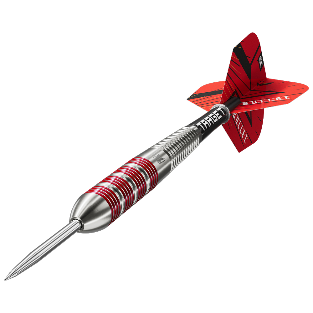 Fléchette simple en acier (Target Stephen Bunting Brass), en diagonale sur fond blanc. Corps en laiton argenté avec anneaux de prise rouges. Tige noire « Target » « BULLET ». Ailes rouges avec touches noires, « BULLET ».
