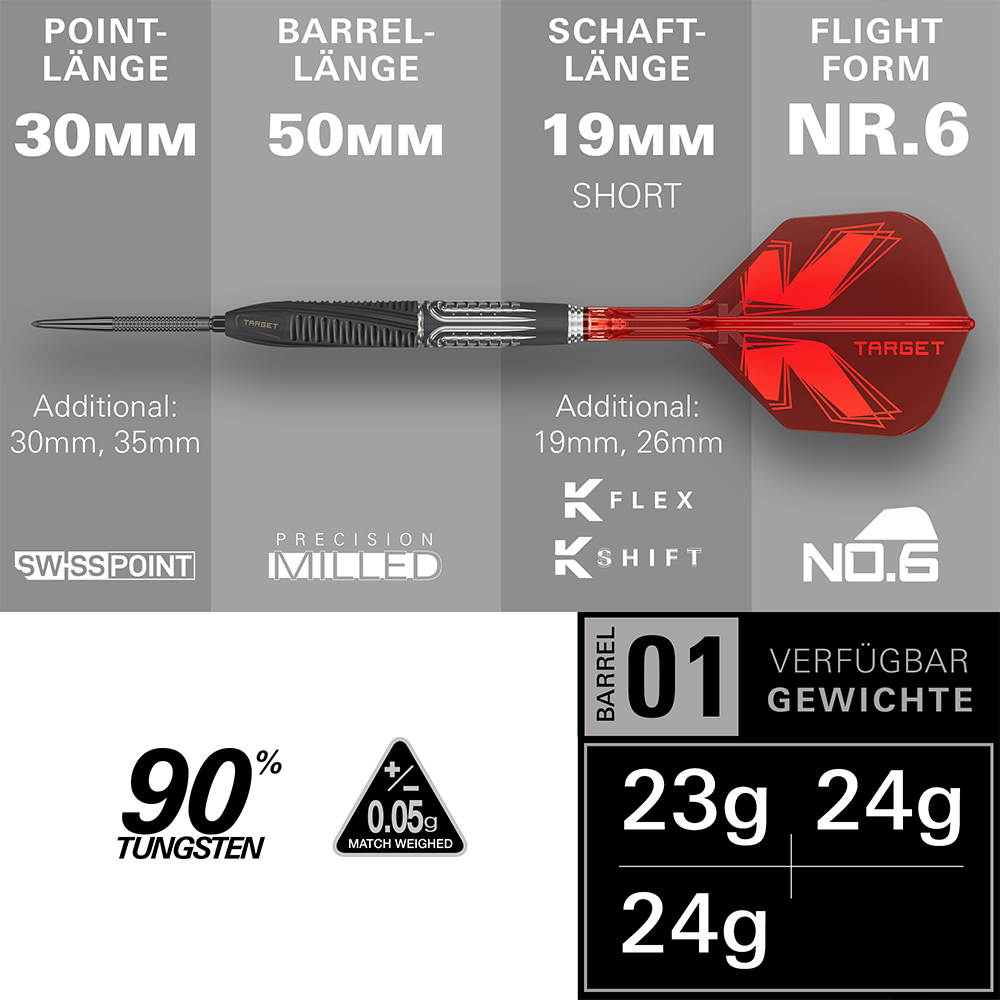 Target Shift steel darts in black and red: 30mm Swiss Point, 50mm barrel (precision-milled, 90% tungsten), 19mm shaft (K-Shift, K-Flex), No. 6 flight. Weights: 23g/24g, tolerance +/-0.05g.