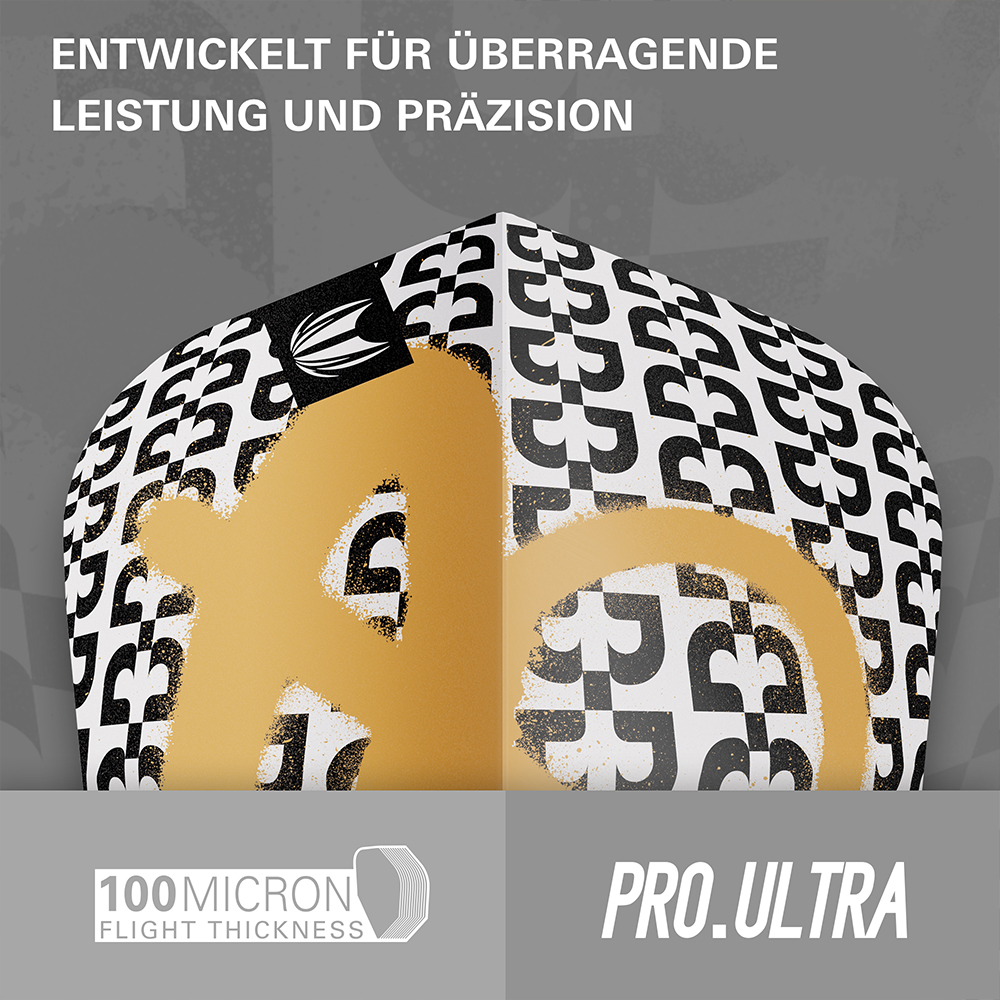 Black and white dart flight with a 3D pattern, gold AO logo and a dart icon in the top left-hand corner. Text: ‘Designed for performance and precision’, ‘100-micron flight thickness’, ‘Pro.Ultra’.