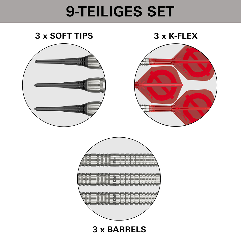 Pièces de fléchettes : en haut à gauche, 3 pointes Softdart noires à filetage argenté. En haut à droite, 3 ailettes K-Flex rouges avec tiges, logo GROUP. En bas au centre, 3 corps argentés rainurés « GROUP ».
