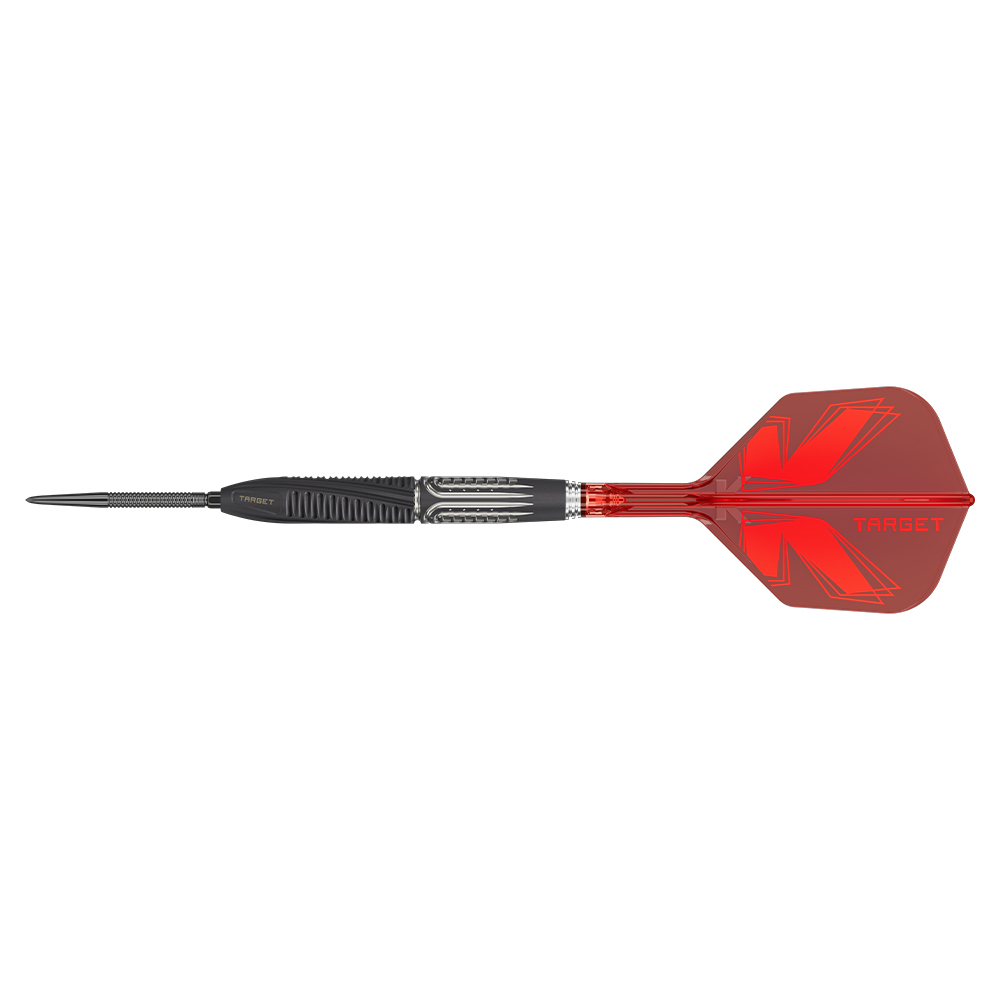Target Steel darts from the Shift series, featuring intricate detailing. Dark grey-black body with milled grooves and a silver grip. Red translucent shaft with a red K-Shift flight, ‘Target’ and K/X logo. Black Swiss Point tip.