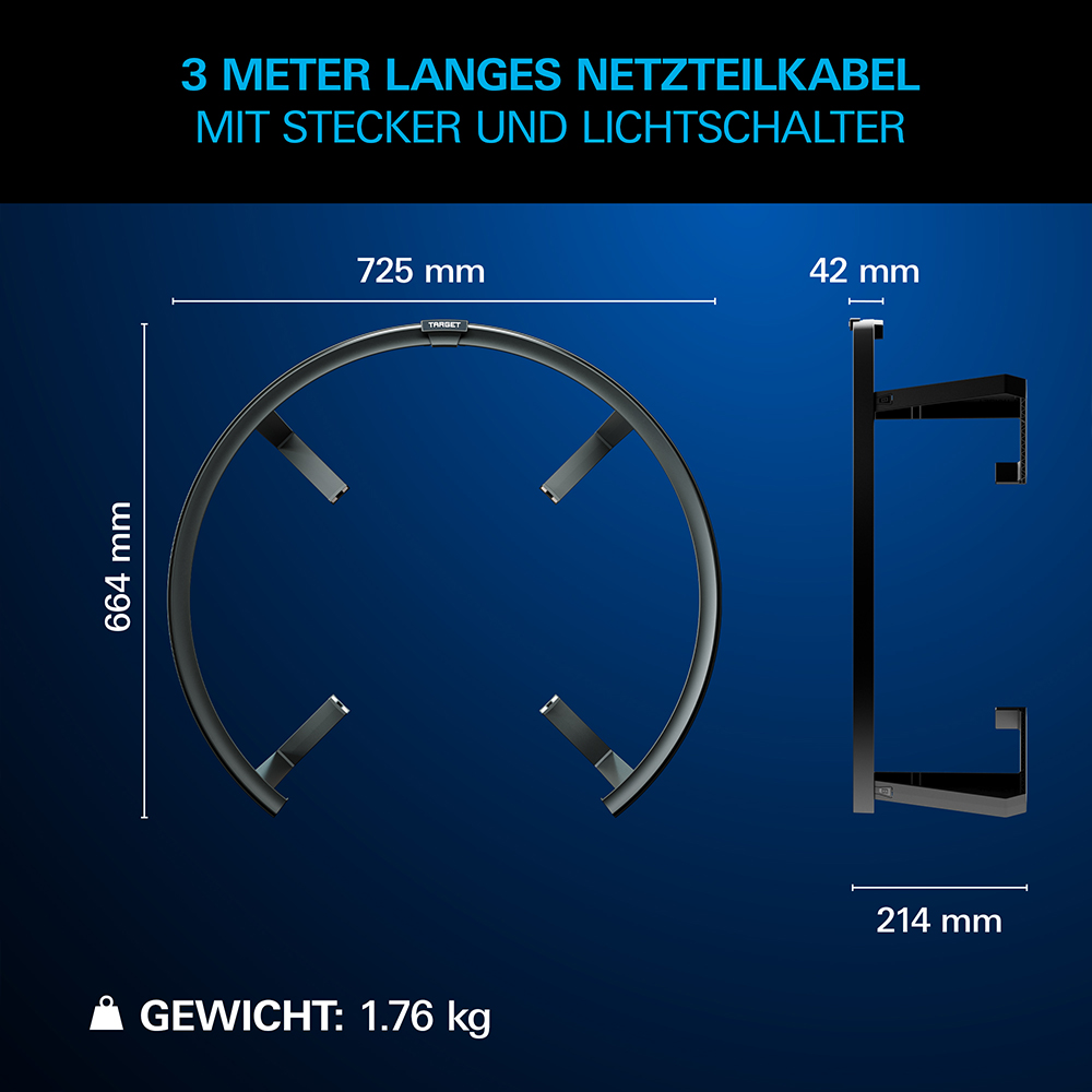 Système d'éclairage noir « Target » Corona Vision 2 pour cibles de fléchettes. Dimensions : avant 725 mm (L) x 664 mm (H) ; côté 42 mm (prof.), 214 mm total. Poids : 1,76 kg. Câble 3 m avec prise et interrupteur.
