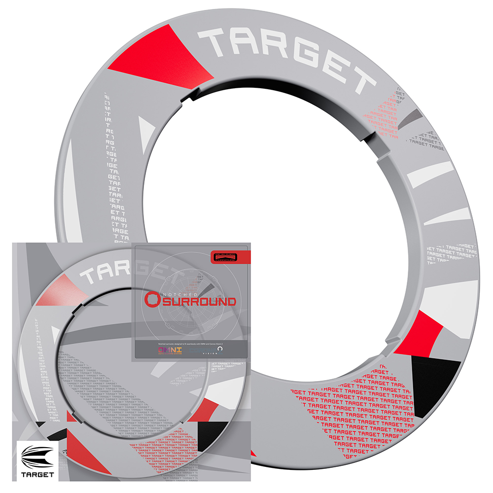Anneau de protection gris à rainures « Target », avec motif original et accents géométriques rouges et noirs, et logo « Target ». Conçu pour protéger les murs autour des cibles de fléchettes, avec découpes pour systèmes d’éclairage.
