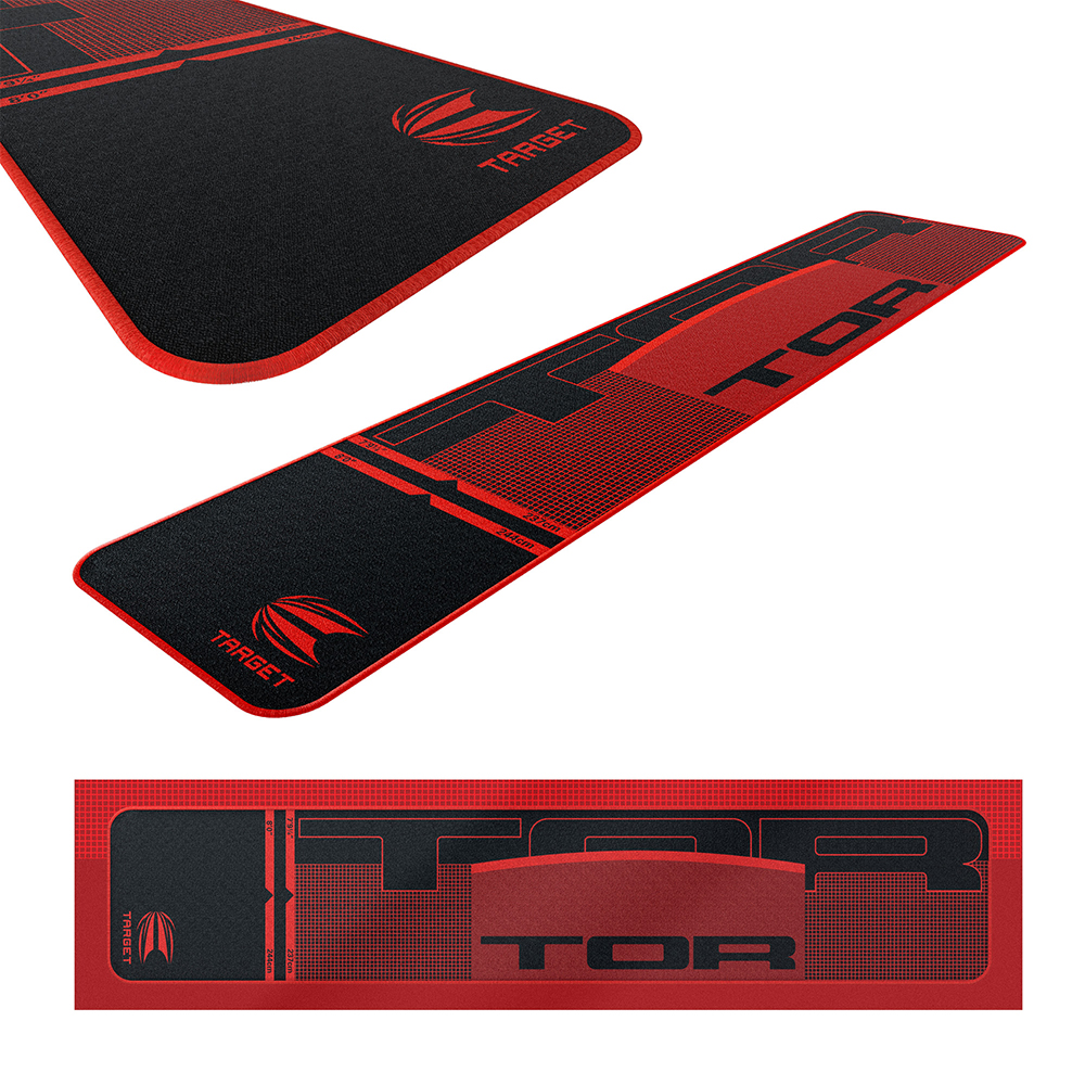 Tapis de fléchettes noir « Target » TOR avec bordure et détails rouges. Logo « Target » rouge et grande inscription « TOR ». Lignes de lancer blanches acier/souple, en cm et pieds. Protège le sol et assure un jeu constant.