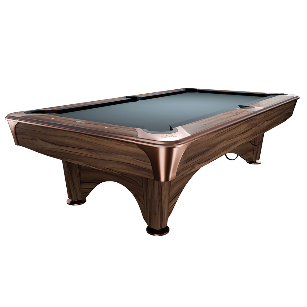 Dynamic e IV modern 9ft pool table in a modern brown wood finish with visible grain. Playing surface with high-quality Simonis Powder Blue cloth. Copper-coloured metal elements on the corners and curved legs.