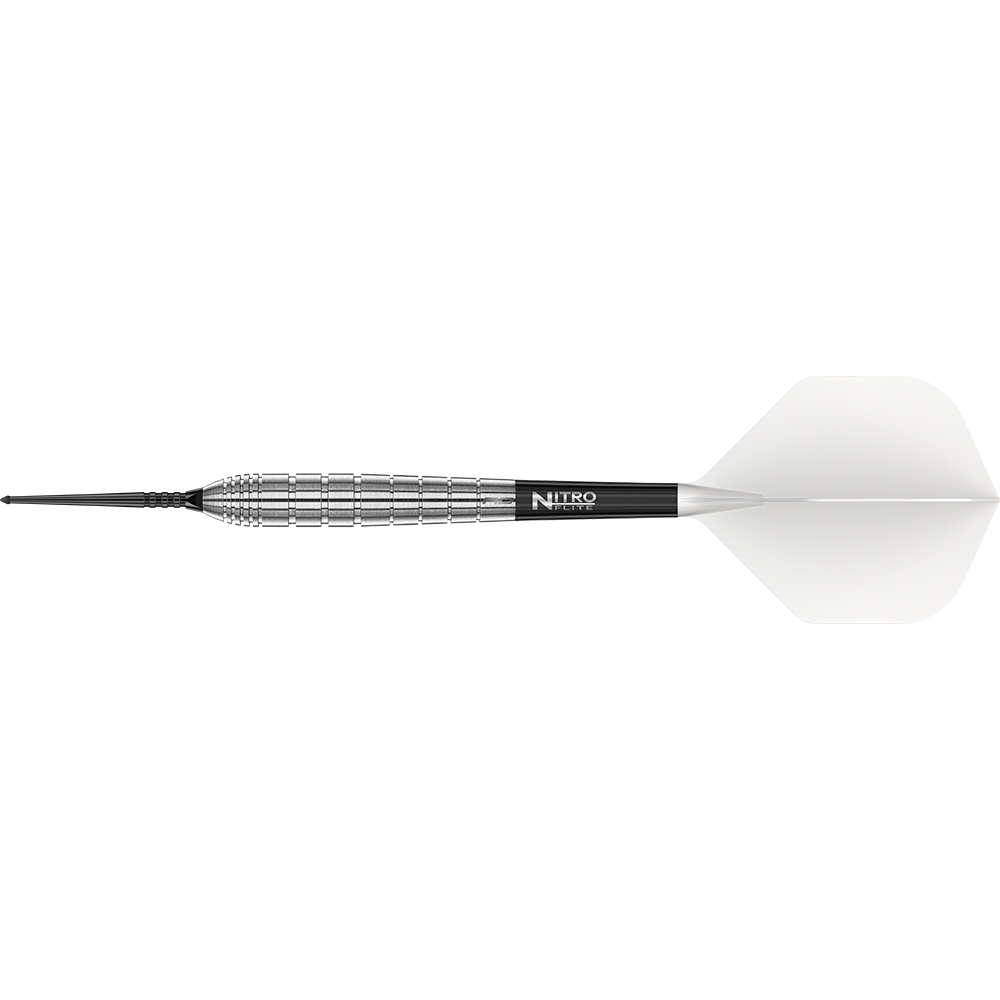 A single dart with a black tip, a silver ribbed barrel and a black section featuring white lettering reading ‘NITRO ELITE’. Black shaft, with white aerodynamic flights at the end. Horizontal on a white background.