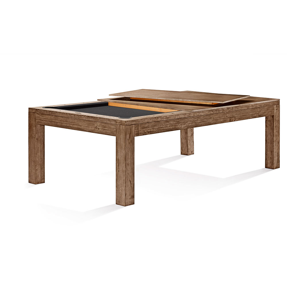 Brunswick Sanibel 8ft pool table in Rustic Dark Brown, with a black playing surface and flush-mounted pockets. The partially fitted wooden cover top lets the table be used as a dining table, showing its versatility.