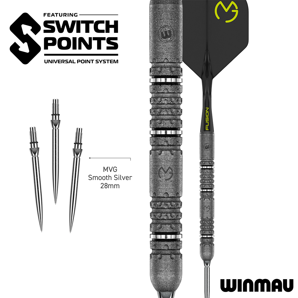 Winmau Jeu de fléchettes avec un corps foncé et texturé et un vol noir avec le logo MVG vert vif. Comprend aussi 3 pointes interchangeables MVG Smooth Silver 28 mm. « Switch Points Universal Point System ».