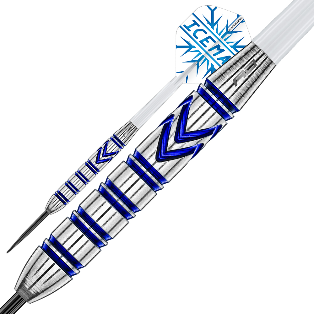 Shiny brass steel dart with a silver barrel, blue chevron pattern and horizontal grooves. White shaft and flight featuring ‘ICEMAN’ and blue ice crystals. Sharp, dark tip. A similar dart in the background.