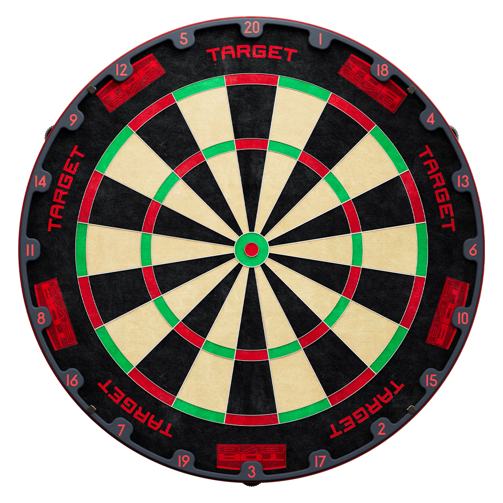 Cible ronde « Target » Tor EVO, vue de face. Segments en sisal noir et beige séparés par de fins fils métalliques, anneaux rouges et verts pour doubles et triples. Au centre, œil de bœuf vert et rouge. Chiffres 1 à 20.