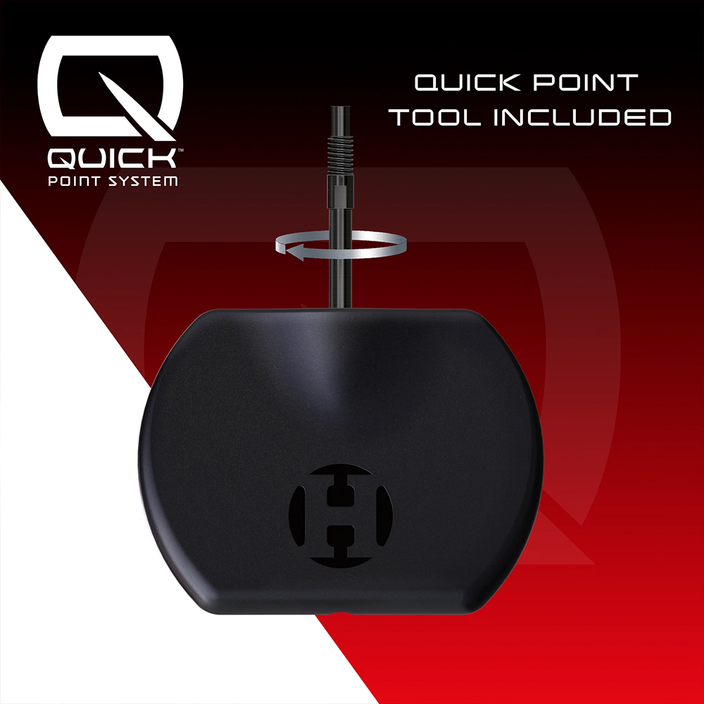 Black ‘ Harrows ’ Quick Point tool featuring the H logo and a ribbed shaft with a rotation symbol, illustrating the quick replacement of dart tips. The image shows the ‘Quick Point System’ and ‘Quick Point Tool Included’ for flexible steel-tip darts.