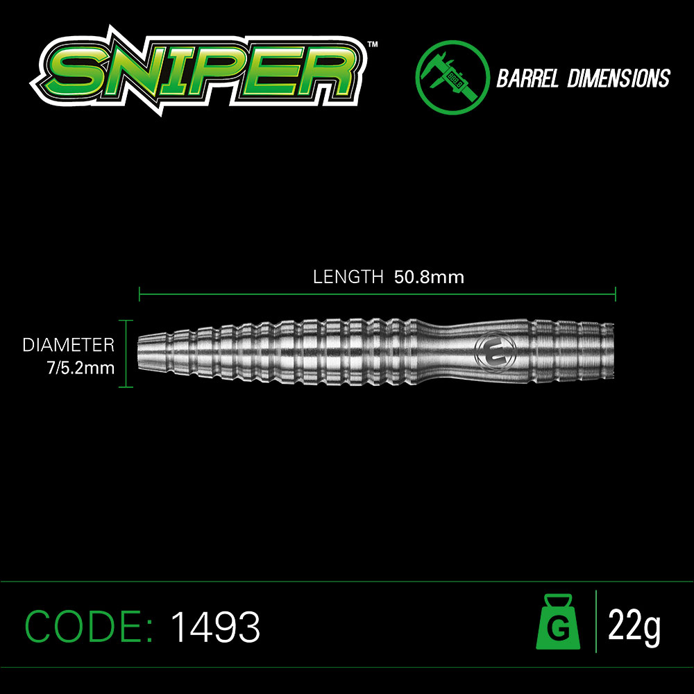 Ein einzelnes Winmau Sniper Steeldart-Barrel in silberner Optik mit gerillter Textur für präzisen Griff. Maße: 50,8 mm Länge, 7/5,2 mm Durchmesser. Produktcode 1493, Gewicht 22g sichtbar.