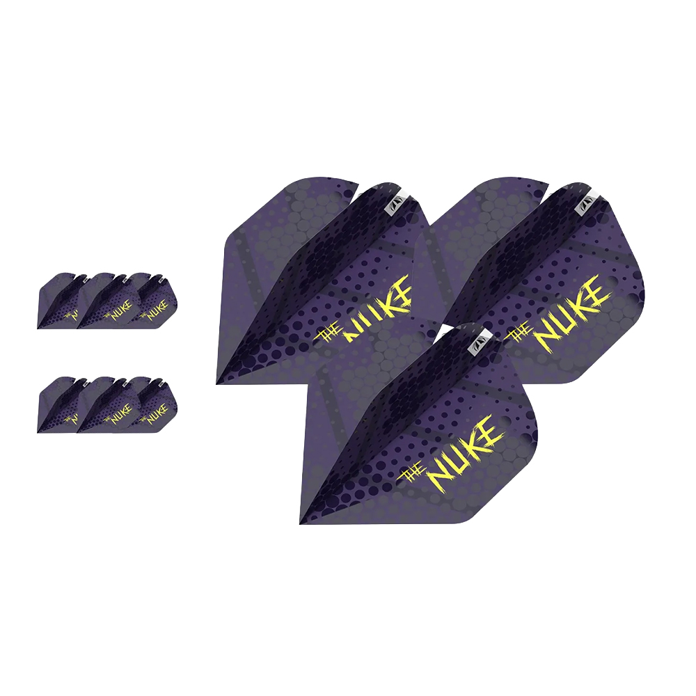 Six purple-grey Luke Littler Signature Series darts flights with abstract dot pattern and yellow ‘THE NUKE’ lettering. Three large flights in centre, three smaller on left. Spot UV printing for extra grip, with the ‘Target’ logo.