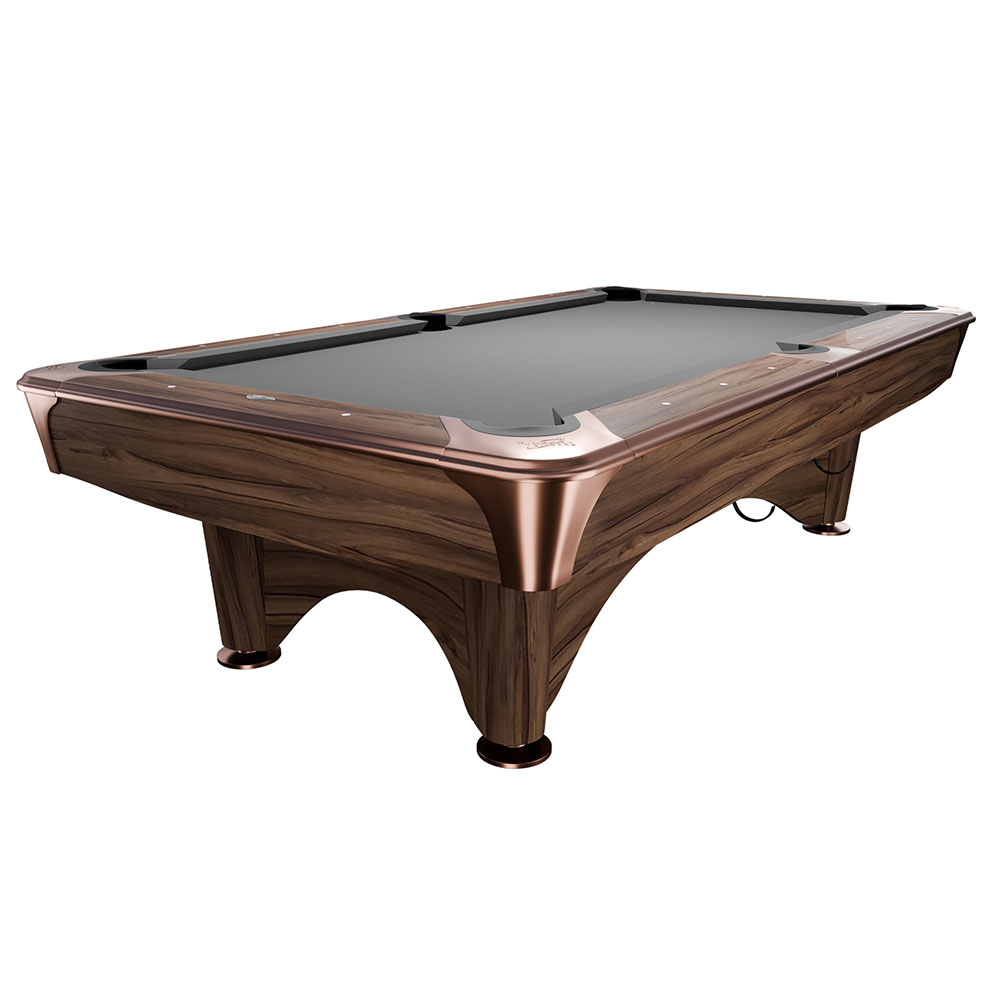 Dynamic e IV modern brown pool table with an elegant wood grain finish and curved legs. Copper-coloured metal elements on the corners and leg ends. Grey Simonis cloth, playing surface with six pockets.