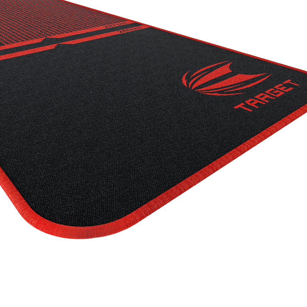 Tapis de fléchettes TOR « Target » noir, bordure rouge et grand logo rouge en bas à droite. À gauche, lignes de tir rouges précises pour fléchettes acier et souples (237 et 244 cm). Surface texturée protège le sol.