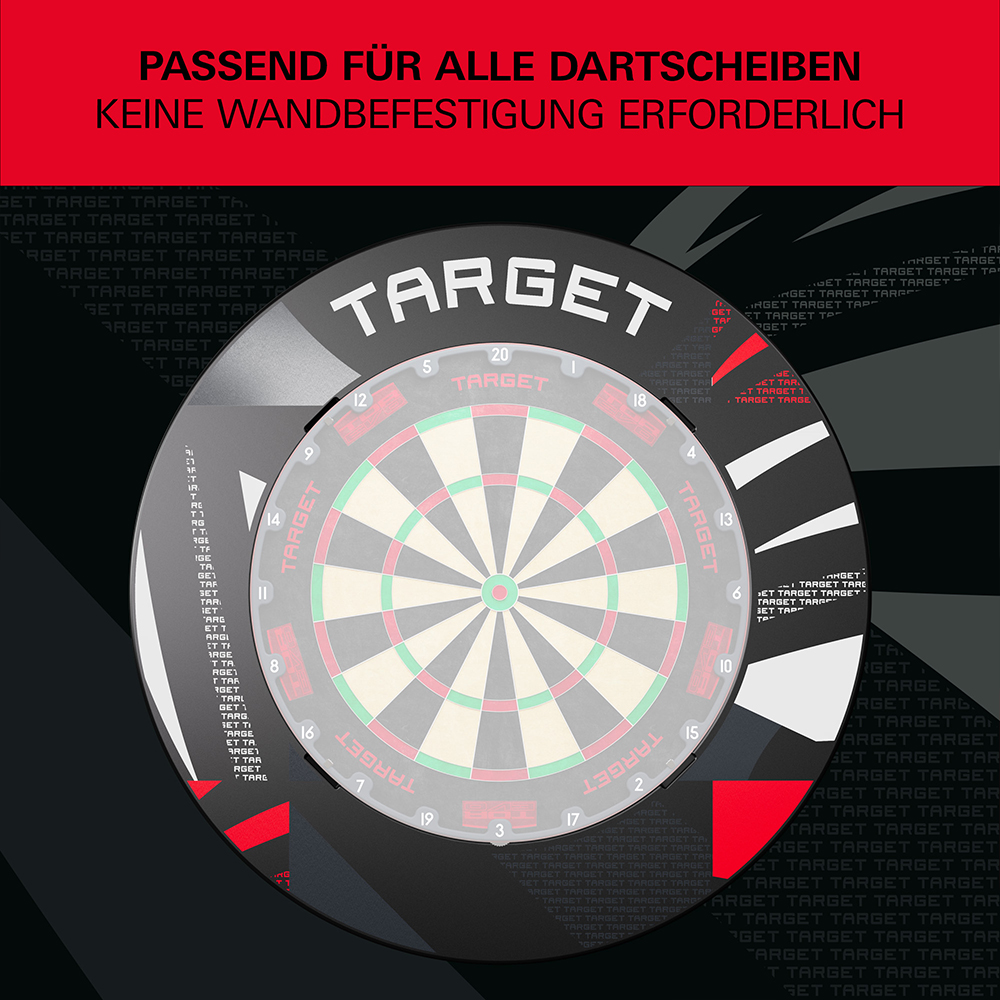 Anneau de protection noir rond « Target » pour cibles de fléchettes, avec motif discret « Target » et triangles rouges. En haut, banderole rouge avec inscription blanche : « Convient à toutes les cibles – aucune fixation murale ».