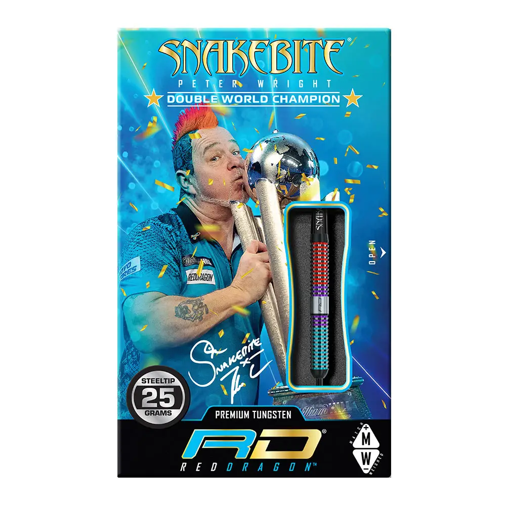 Packaging for the Peter Wright Snakebite steel darts. Peter Wright, sporting a red mohawk, kisses a silver darts trophy whilst confetti falls. On the right, a 25g steel dart barrel with red, purple and turquoise grip panels.