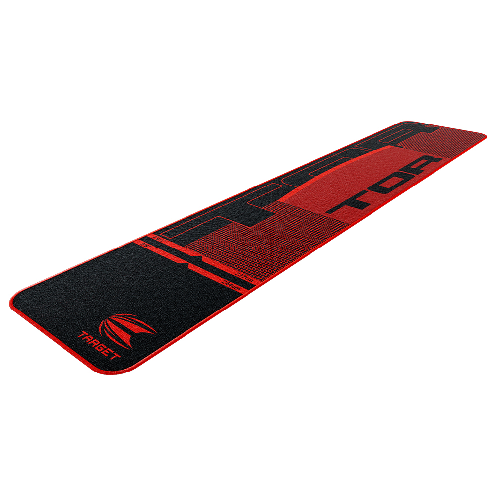 Tapis de fléchettes TOR « Target » rectangulaire et allongé, noir et rouge sur fond blanc. En bas, logo blanc « Target » sur demi-cercle rouge. En rouge : motifs géométriques, lignes de tir, « TOR » et « 237 cm », « 244 cm ».