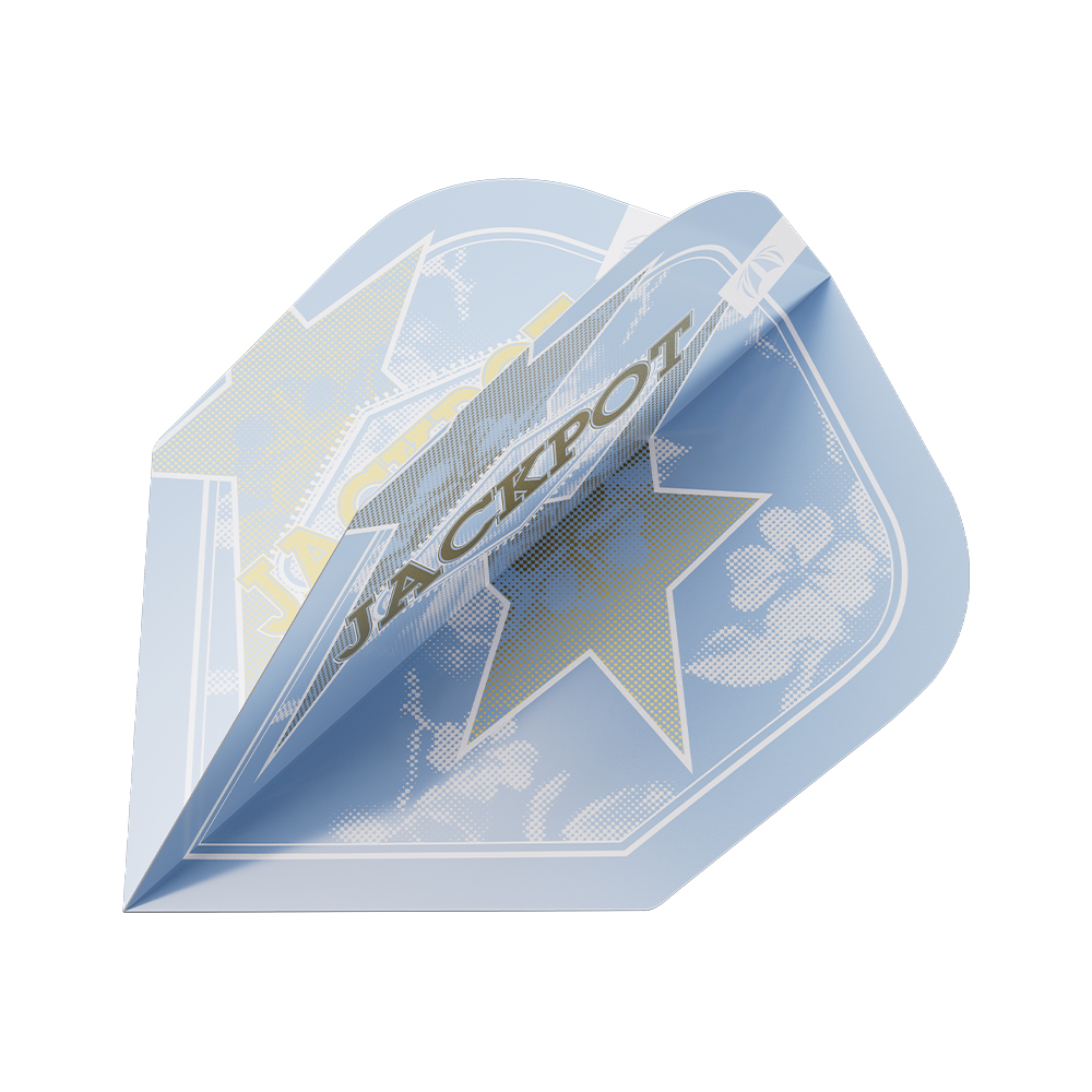 Plume de fléchette bleu clair avec l’inscription « JACKPOT » en lettres dorées et deux étoiles dorées. Fond orné de fins motifs floraux et d’une trame discrète. Plume n° 6, pliée et orientée en biais, qui met en valeur le design et la forme.