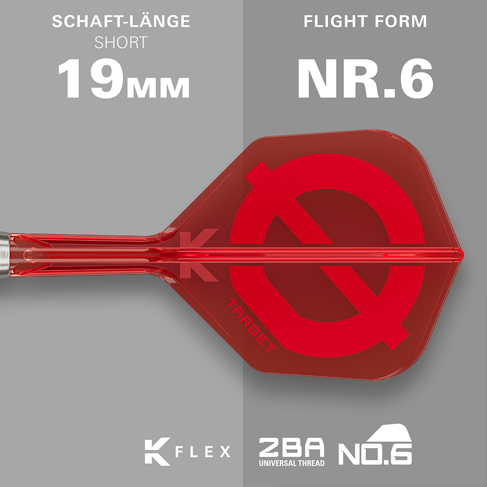 Plume de fléchette souple K-Flex rouge et transparente, forme n° 6, sur une tige courte de 19 mm. Plume ornée du logo rouge « Target ». Les spécifications K-Flex et le filetage universel ZBA pour cette fléchette souple sont visibles en bas.