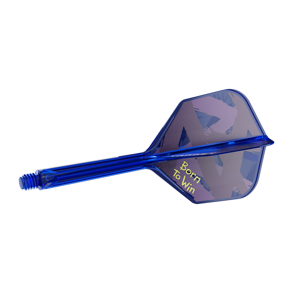 Ein einzelnes, vollständig zusammengesetztes Dart-Flight mit durchscheinend blauem Schaft und Schraubgewinde. Das viereckige Flight zeigt ein dunkles, abstraktes Muster in Blau- und Violetttönen und trägt "Born To Win".