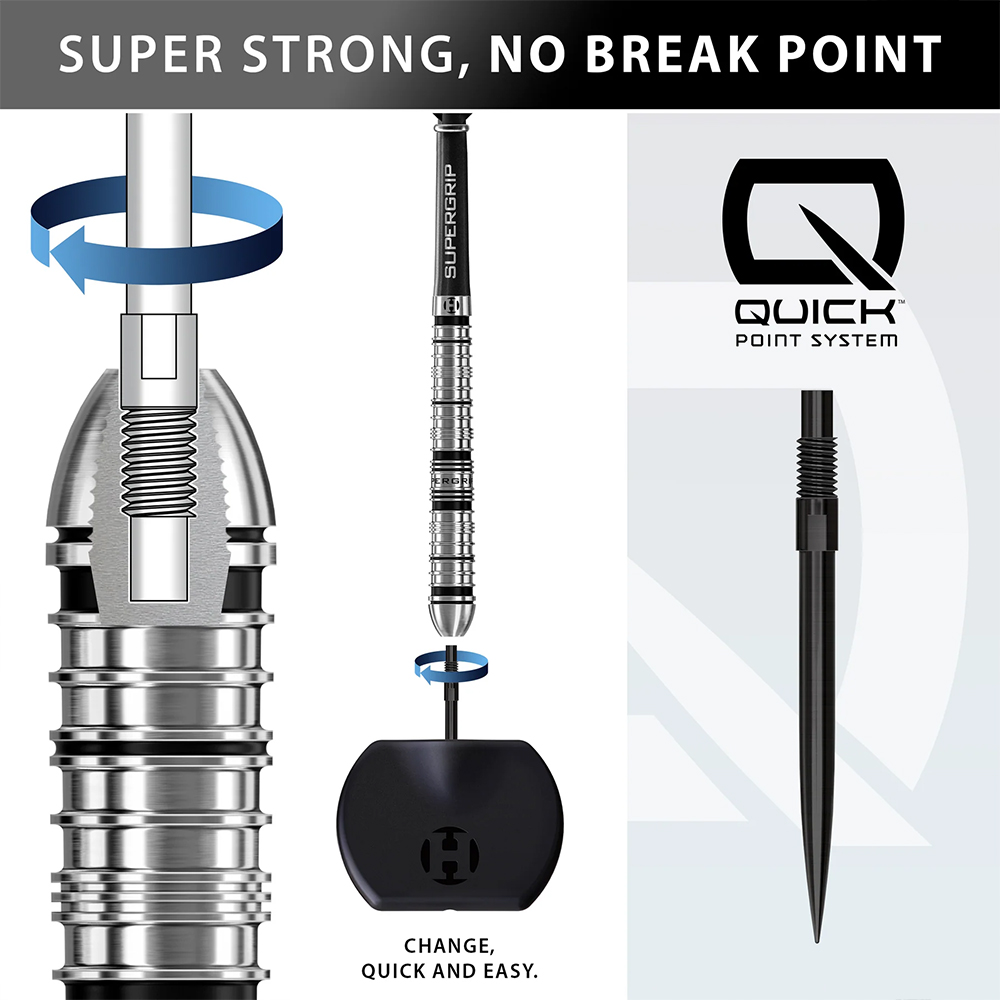 Harrows Quick Point System for steel darts: detailed cross-section view of a dart tip screwed into the barrel. Demonstrates the quick tip change for Supergrip steel darts using a special tool. Sturdy and easy to use.