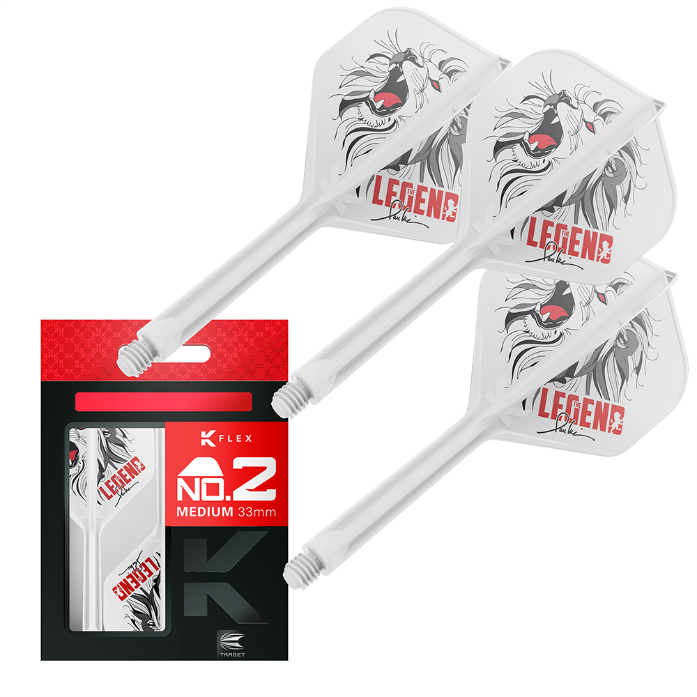 Trois plumes de fléchettes K-Flex The Legend blanches, avec tête de lion rugissant noir/rouge et inscription « THE LEGEND ». À côté, emballage rouge/noir avec motif lion et « K-Flex NO.2 MEDIUM 33 mm ». Longueur moyenne.