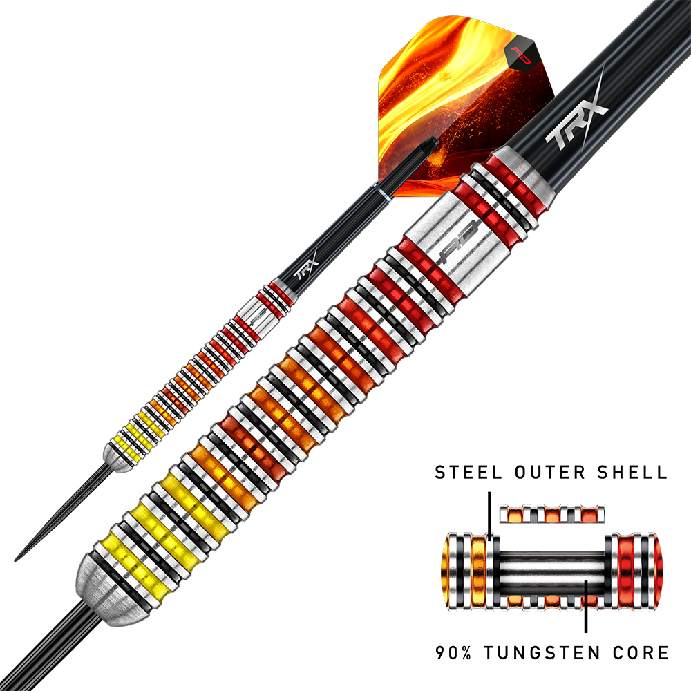 Two ‘ Red Dragon ’ Furnace steel darts. The front dart has a black shaft, flaming flights and a fluted barrel with rings in silver, red, orange and yellow. Close-up: steel barrel, 90% tungsten core.