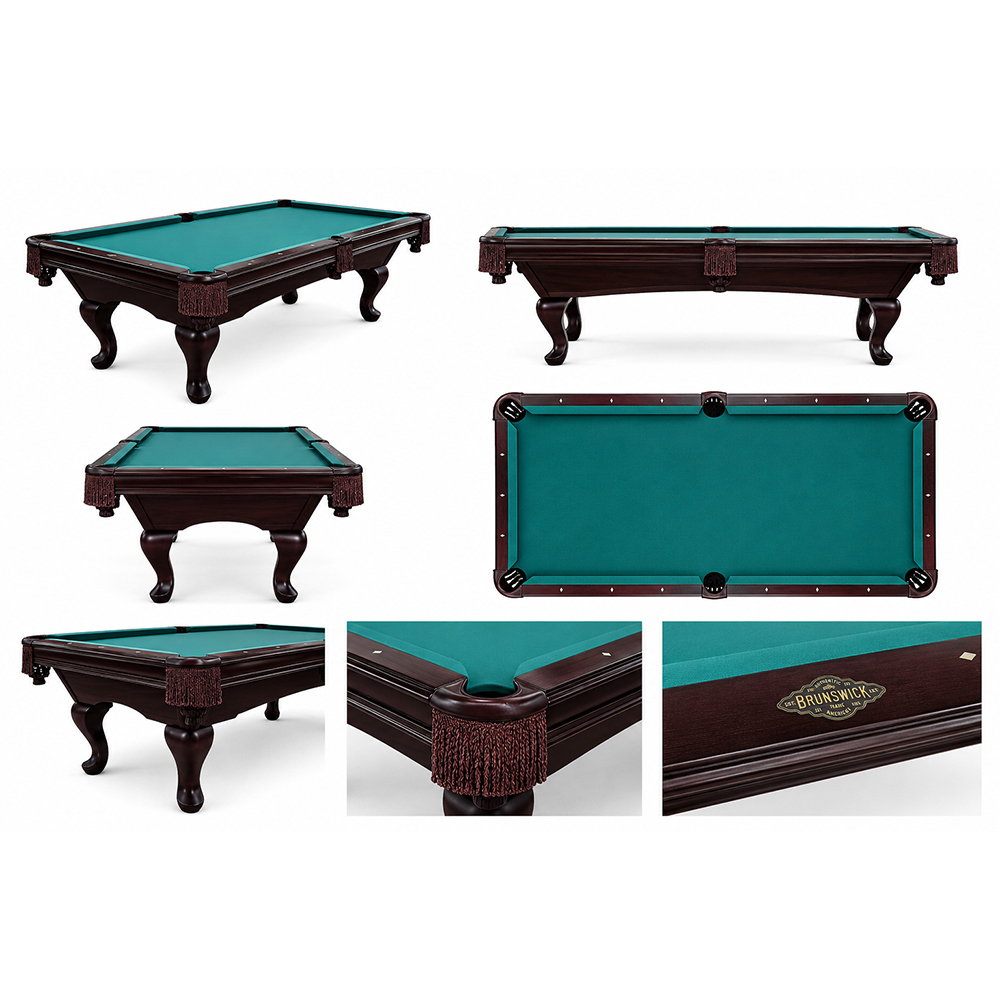 Product imagery showcases the classic billiards table from multiple angles: dark brown wooden frame with elegantly curved legs. Playing surface covered in rich green felt, with decorative tassels on the pockets. Detail: ‘Brunswick ’ logo.