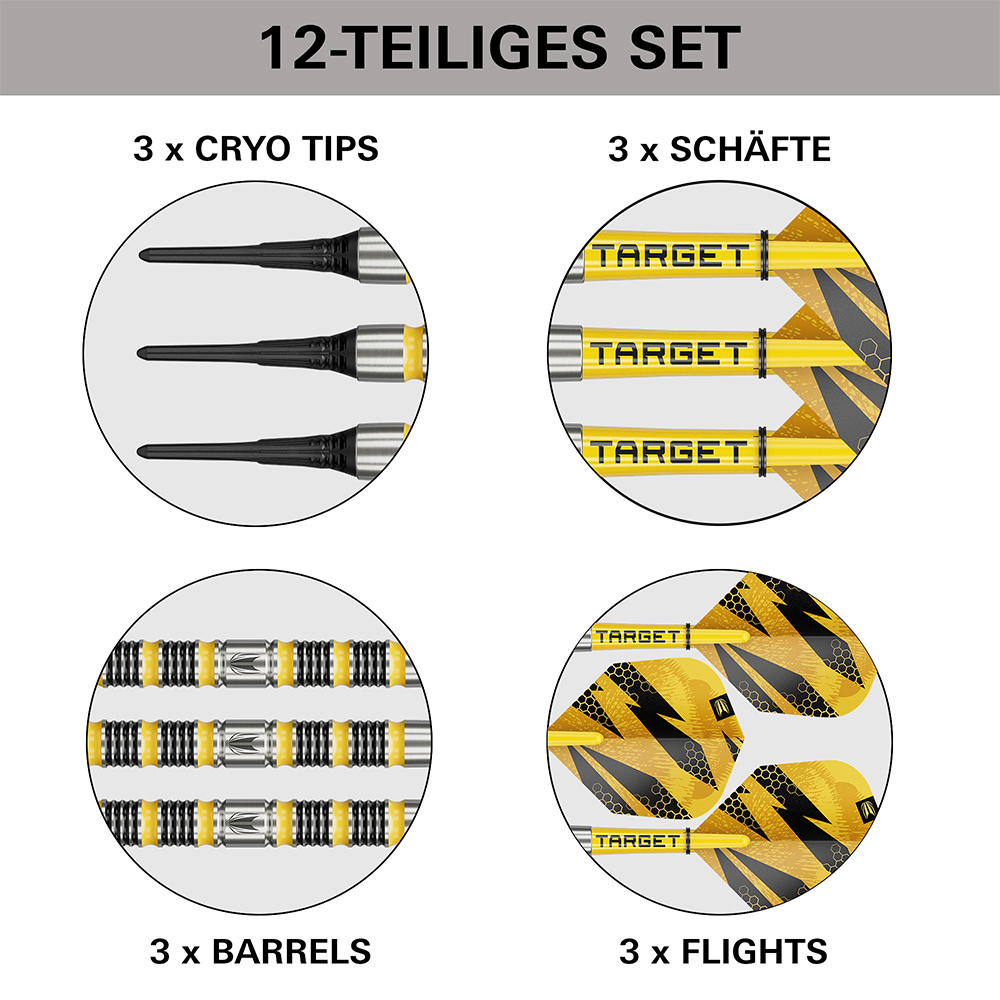 Illustration des pièces du kit de fléchettes souples BUZZ de Target : 3 pointes Cryo noires, 3 tiges jaunes « Target », 3 corps argentés avec zones de prise en main jaunes et noires, 3 ailettes jaunes/noires motif alvéolé avec logo.