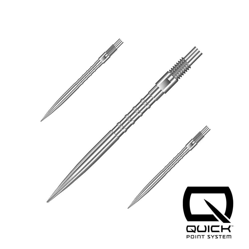 Drei metallisch-silberne Harrows Quick Points mit speziellem HM-Grip-Muster. Die mittige, größere Dartspitze hat feine Rillen am Schaft für starken Halt. Zwei kleinere Spitzen im Hintergrund, scharf zulaufend, mit Gewinde.