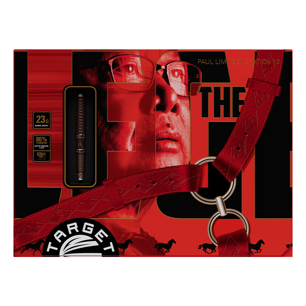 Verpackung Target Paul Lim The Legend Gen10 SP Steeldarts: zentral Paul Lims rot getöntes Porträt mit Brille. Links der Steeldart in Aussparung, 23G und 90% Wolfram. Diagonal rotes Lederband mit Ringen; unten schwarze Pferdesilhouetten.