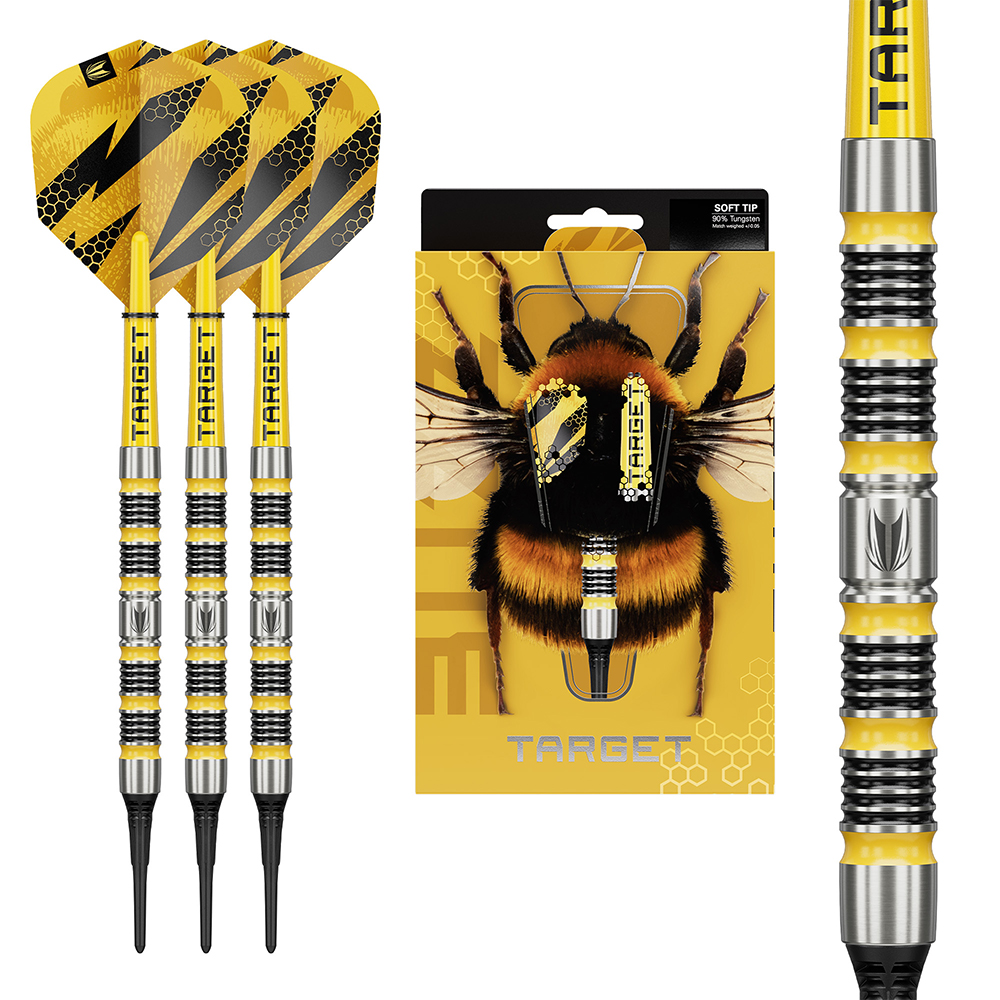 Trois fléchettes souples à pointes noires, tiges jaunes et ailettes jaunes/noires motif nid d'abeille. À côté, emballage BUZZ jaune avec un bourdon au corps de fléchette. À droite, gros plan corps argenté à anneaux noirs.