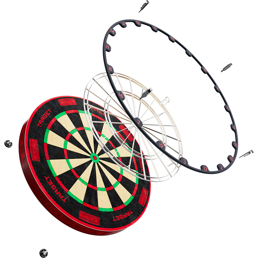 Présentation détaillée de la cible EVO « Target » avec ses différents composants : surface de jeu en sisal rouge, noir et vert, système de fils en acier inoxydable ultra-fins et anneau en caoutchouc noir numéroté. Les fléchettes soulignent la précision.