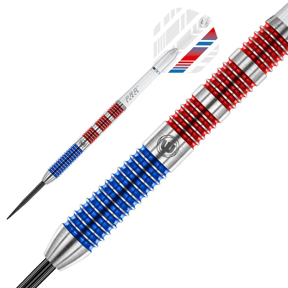 Steeldart mit silbernem Barrel, blauen und roten Rillen für besseren Griff. Weißer Schaft mit Aufschrift 'PRO FORCE', Flight weiß mit roten und blauen Streifen. Modernes, farbenfrohes Design, ideal für präzises Spiel.