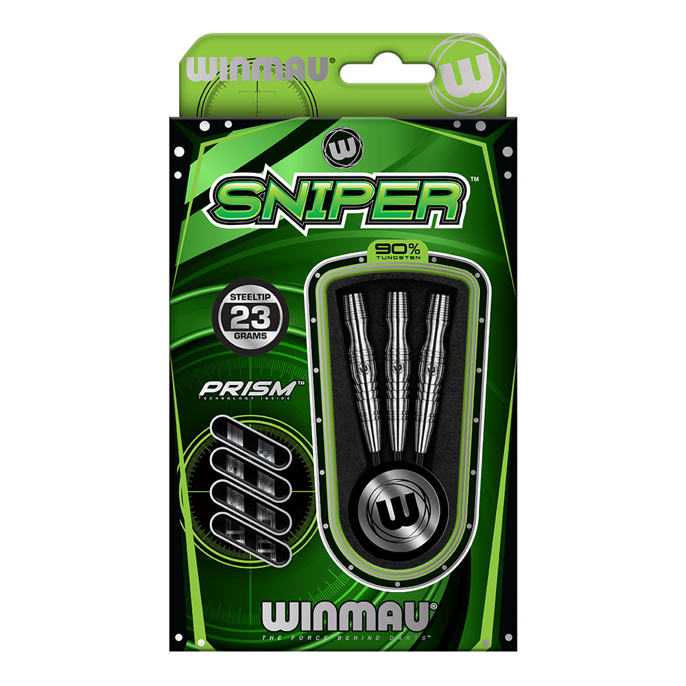 Green and black packaging for Winmau Sniper steel darts. Visible: three silver, intricately detailed dart barrels with grooves for a precise grip, alongside a schematic illustration of four Prism Force shafts. Text: "90% Tungsten Steel Tip 23 Grams".