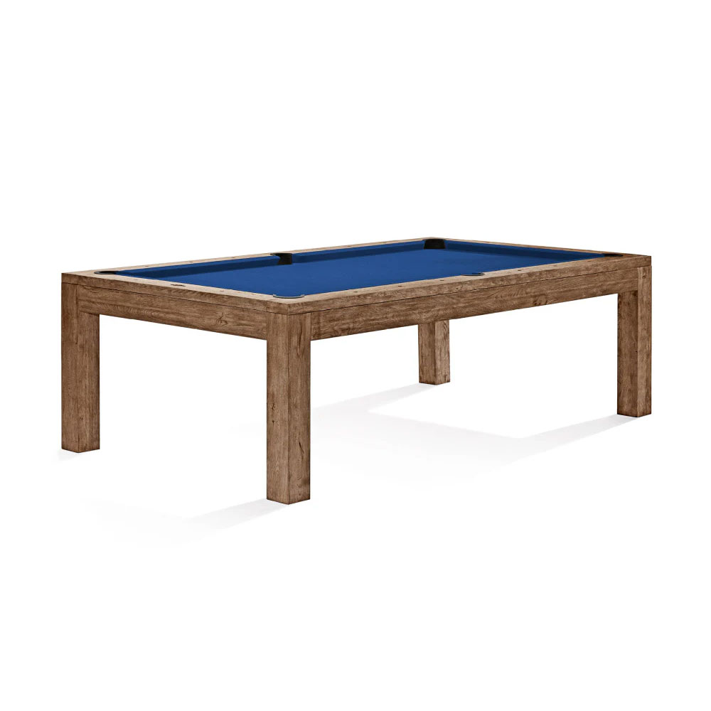 Modern ' Brunswick ' pool table with a sturdy wooden frame in rustic dark brown, which highlights the natural grain and texture. Playing surface with bright blue cloth, flush-mounted black pockets, four sturdy wooden legs.