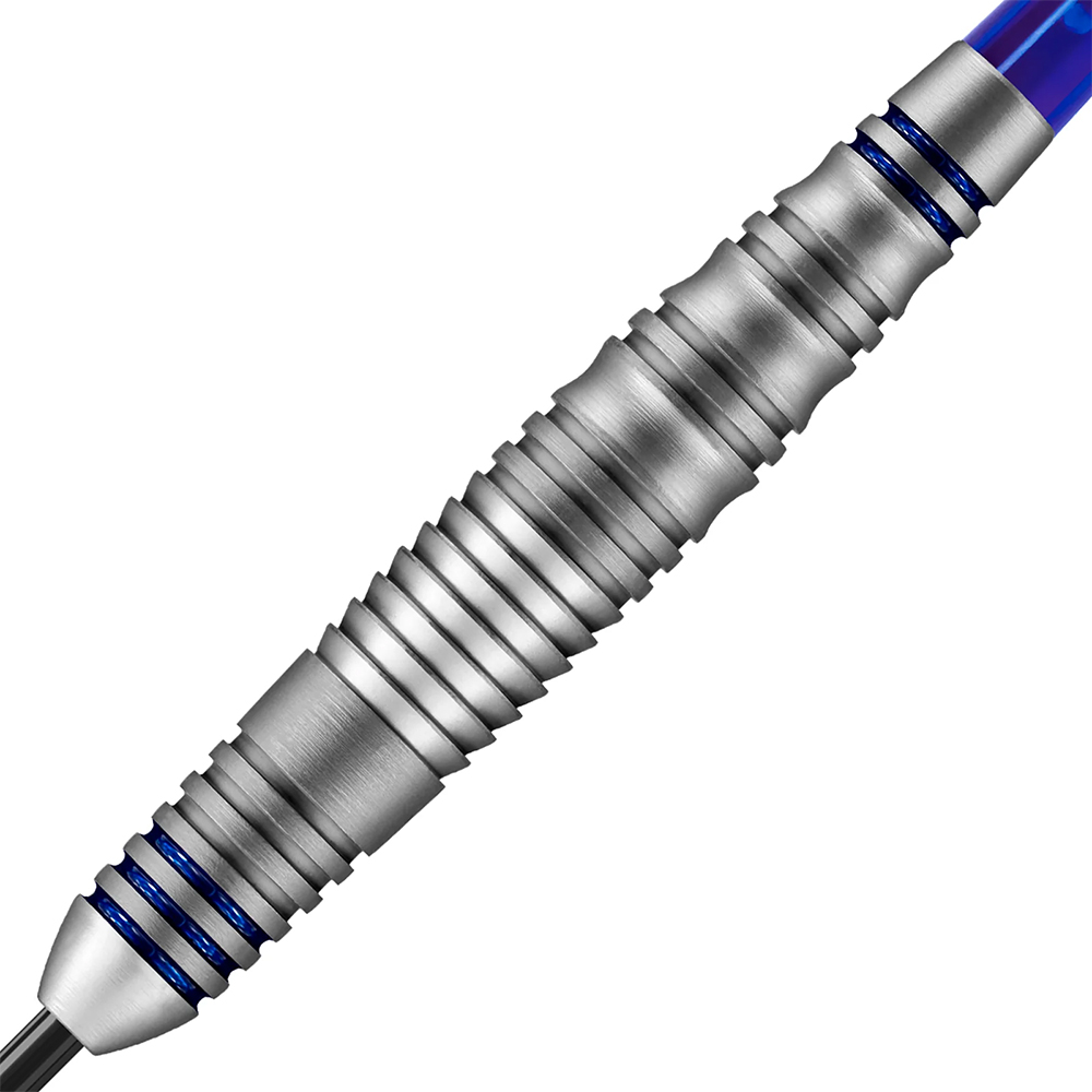 A highly detailed steel dart barrel from the Harrows Vespa Brass series in matt silver, set diagonally against a white background. Various interlocking grip zones featuring rings, waves and shark grips. Two bright blue rings at each end.