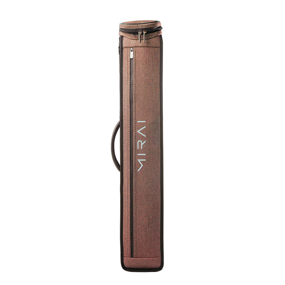 Housse souple Mirai pour queues de billard, beige clair, format vertical, en denim résistant, idéale pour le transport. Grande poche zippée à l’avant, petites poches zippées en haut pour accessoires, poignée latérale noire.