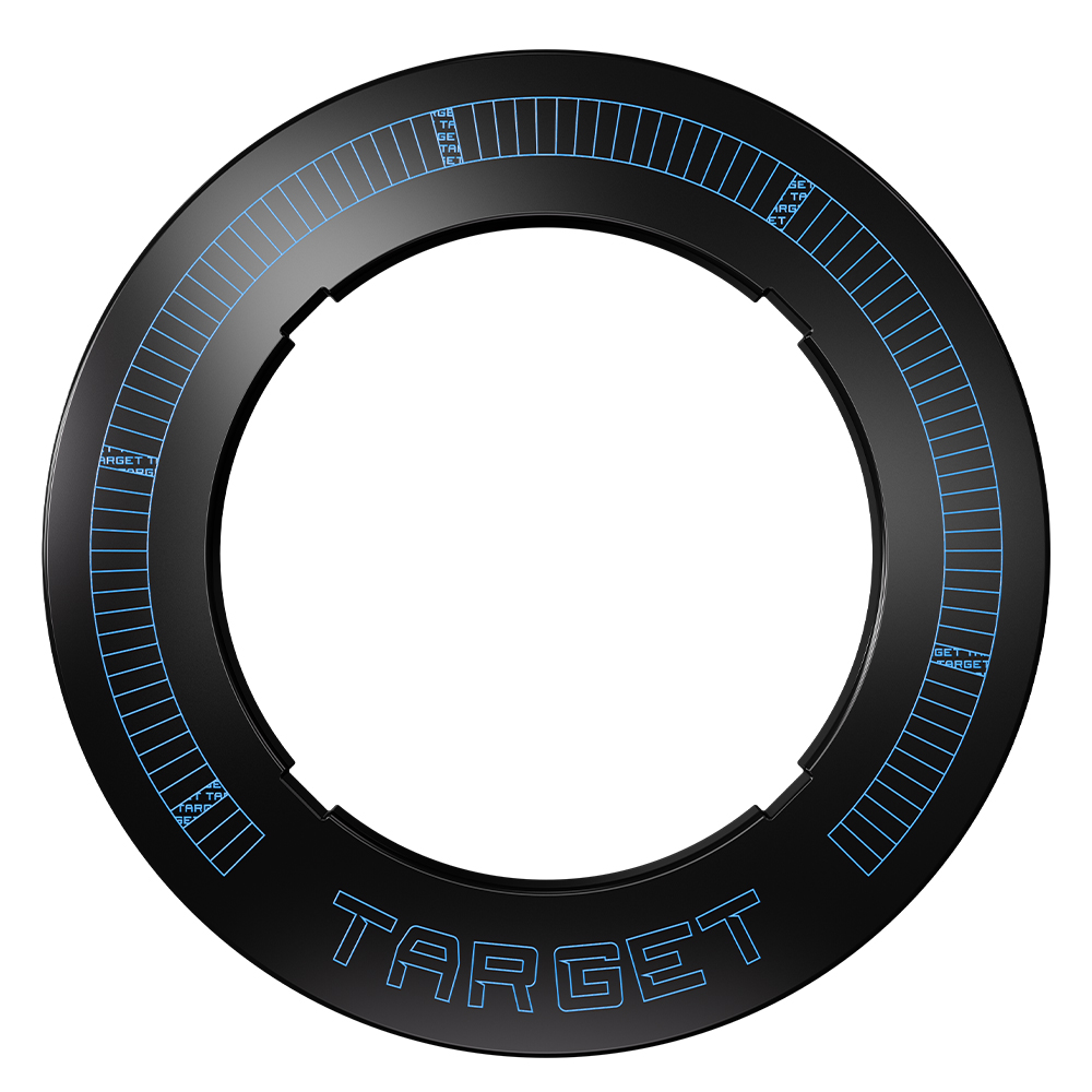 Catchring noir brillant pour cibles de fléchettes, en polymère Active Reflex. Marquages lumineux bleus sur le pourtour et mot « Target » en bas. Design rainuré pour intégrer la lumière, protège le mur.