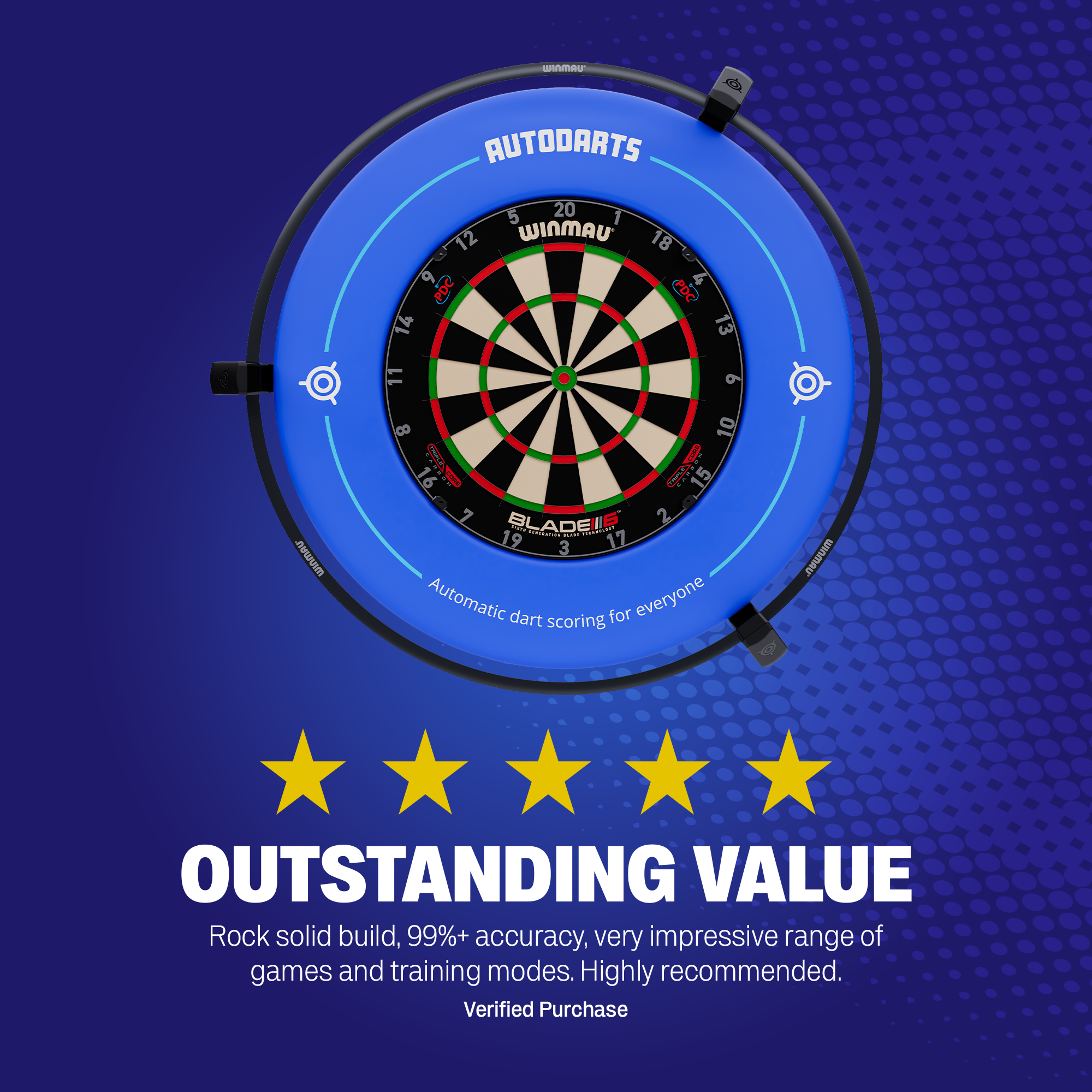 Winmau- Cible avec anneau de comptage automatique bleu « Autodarts Vantage ». Trois caméras détectent les fléchettes sur le pourtour pour un comptage précis et automatique. Sous-titre : « Le comptage automatique des fléchettes. »