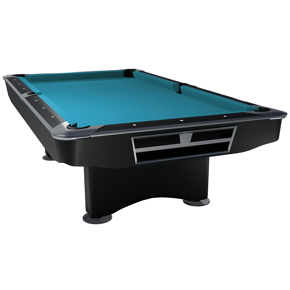 Stylish billiard table with a bright turquoise playing surface and an elegant black frame. Shown from a slightly elevated perspective, with six pockets and silver accents on the rails. Stands on sturdy legs.