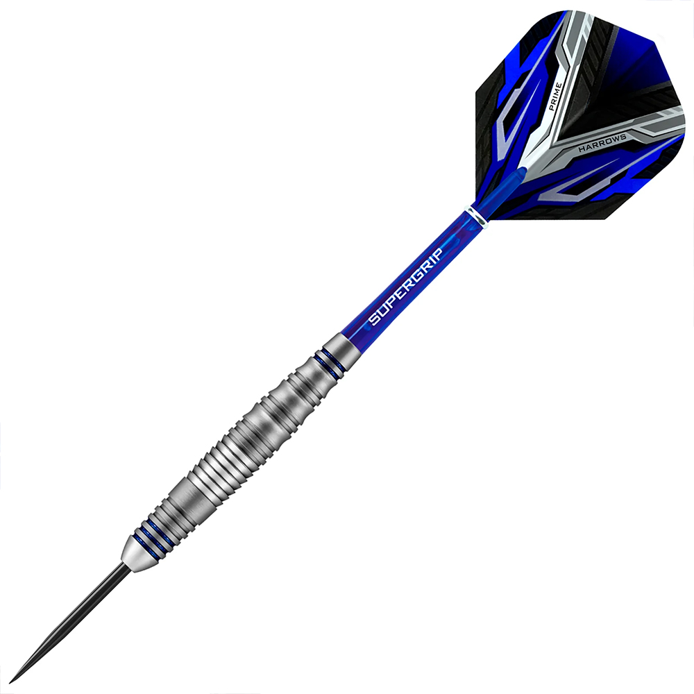 Harrows Vespa brass steel darts with a matt silver, bulbous barrel in a tungsten-look finish. Shaft featuring shark, ring and wave grips, with blue accents. Transparent blue Supergrip shaft, dark blue flight. Black tip.