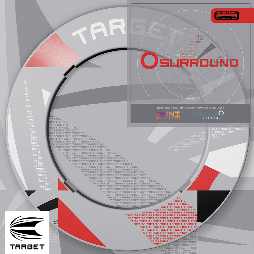 Anneau de protection gris pour cibles de fléchettes, motif discret de logos Target et formes géométriques avec touches de rouge, découpes compatibles « Target », « Corona Vision » et « Omni Auto Scoring ». Protège le mur. Surface lisse anti-marques.