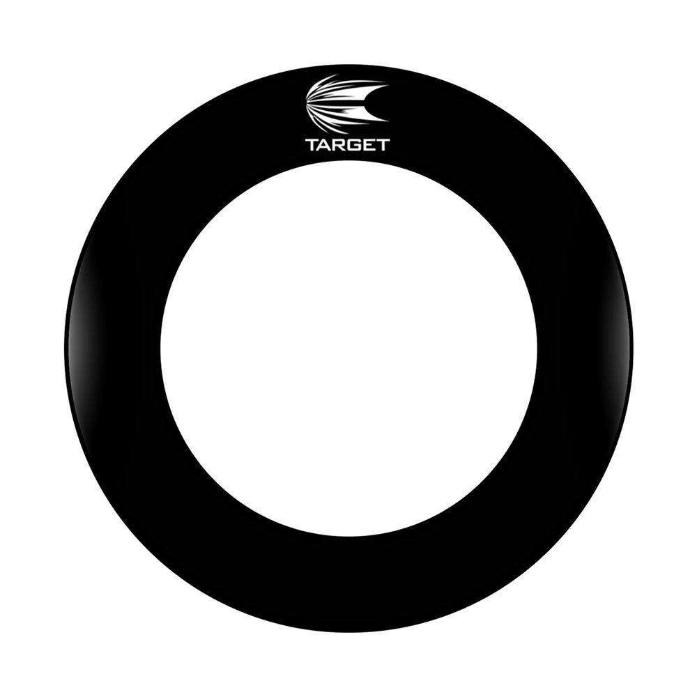 A glossy, black, circular darts surround with a white, blank centre. At the top of the ring is the white ‘ Target ’ logo featuring a stylised flying object/dart, and beneath it the word ‘Target’. The smooth material reflects light.
